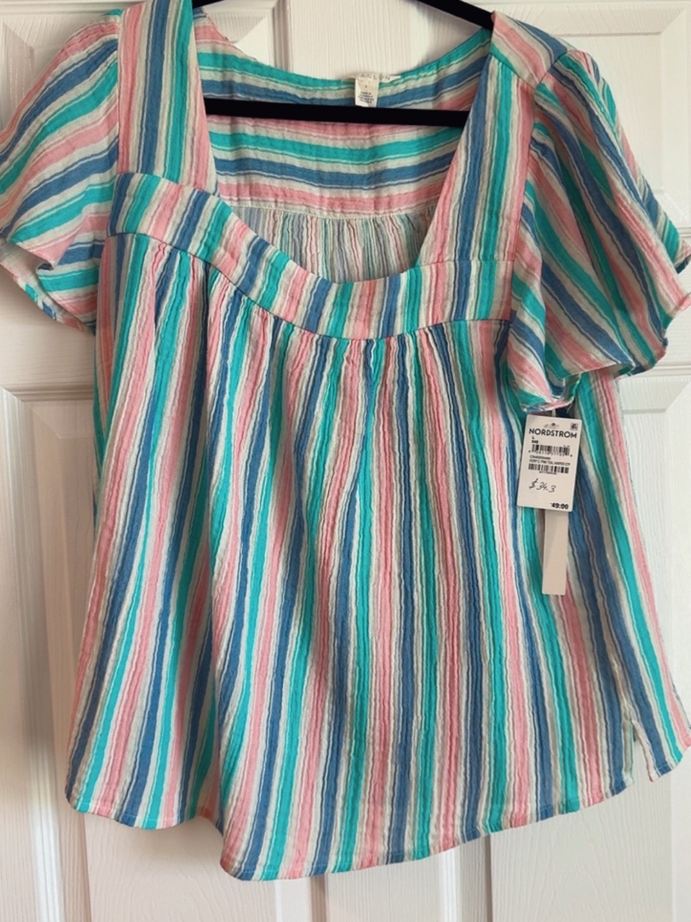 Nordstrom Striped Short-Sleeve Blouse in Pink, Blue & Cream NWT Size Large